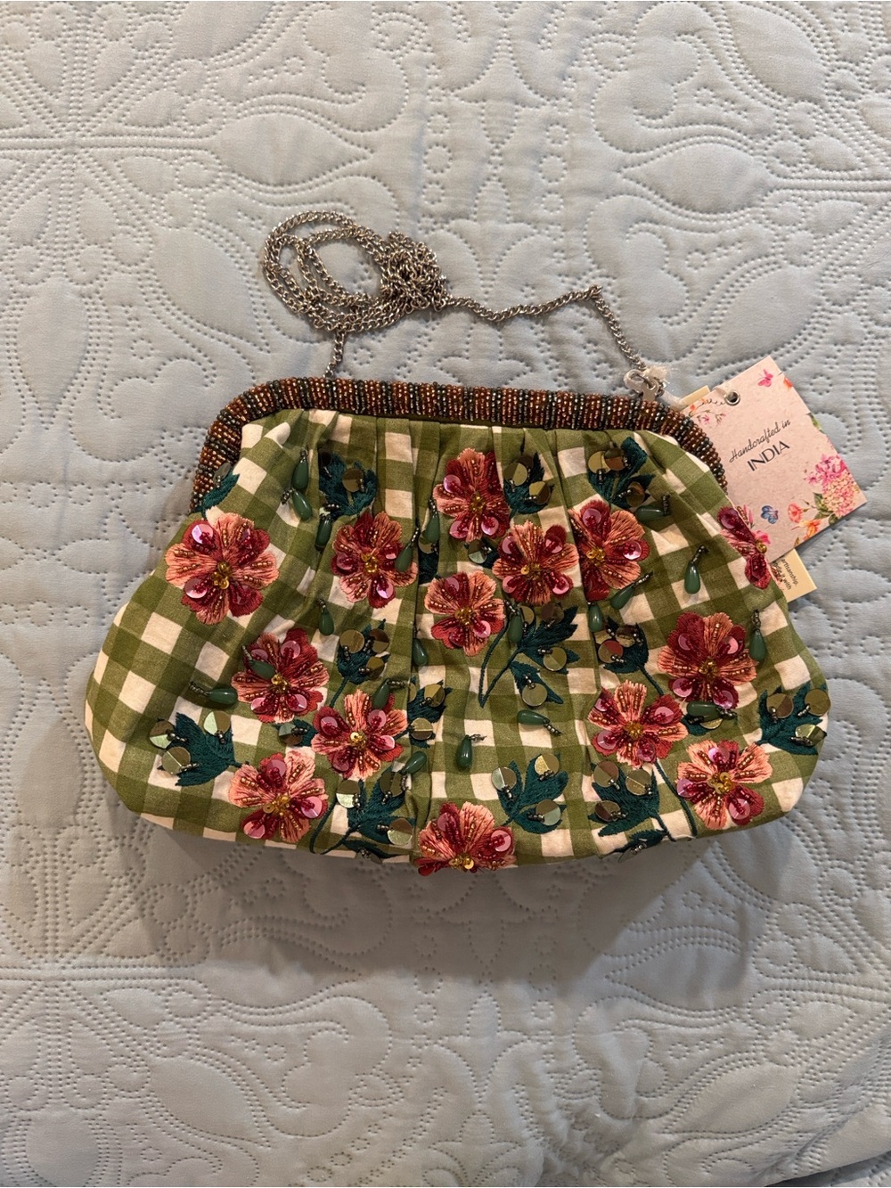 Hand-Embellished Green Gingham Floral Clutch with Chain Handcrafted in India NWT